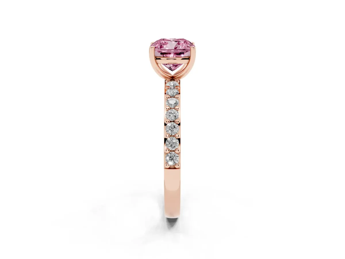Fancy Pink Cushion Cut Cut Diamond Solitaire with Pave Band and Four-Prong Setting Rose gold