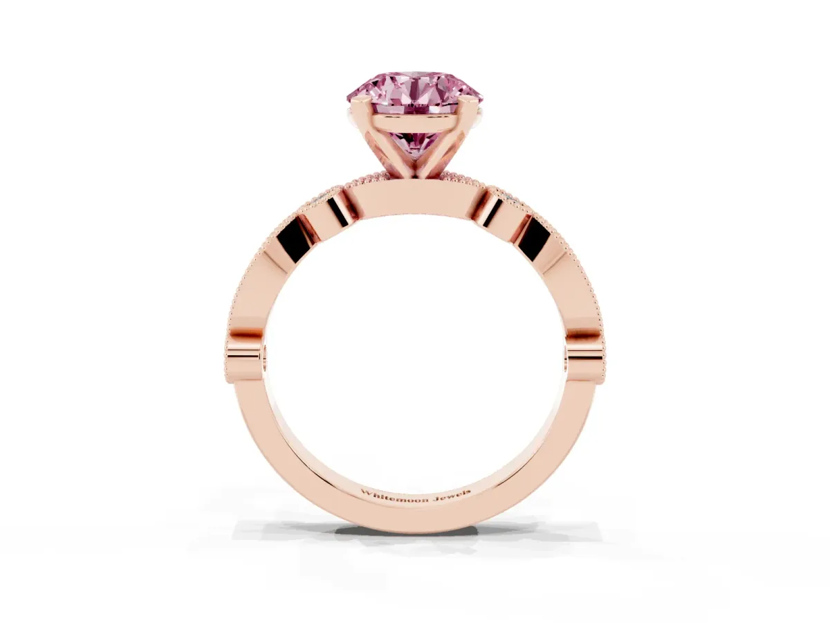 Fancy Pink Round Cut Milgrain Bezel Diamond Engagement Ring with Solitaire Prong Setting Rose gold