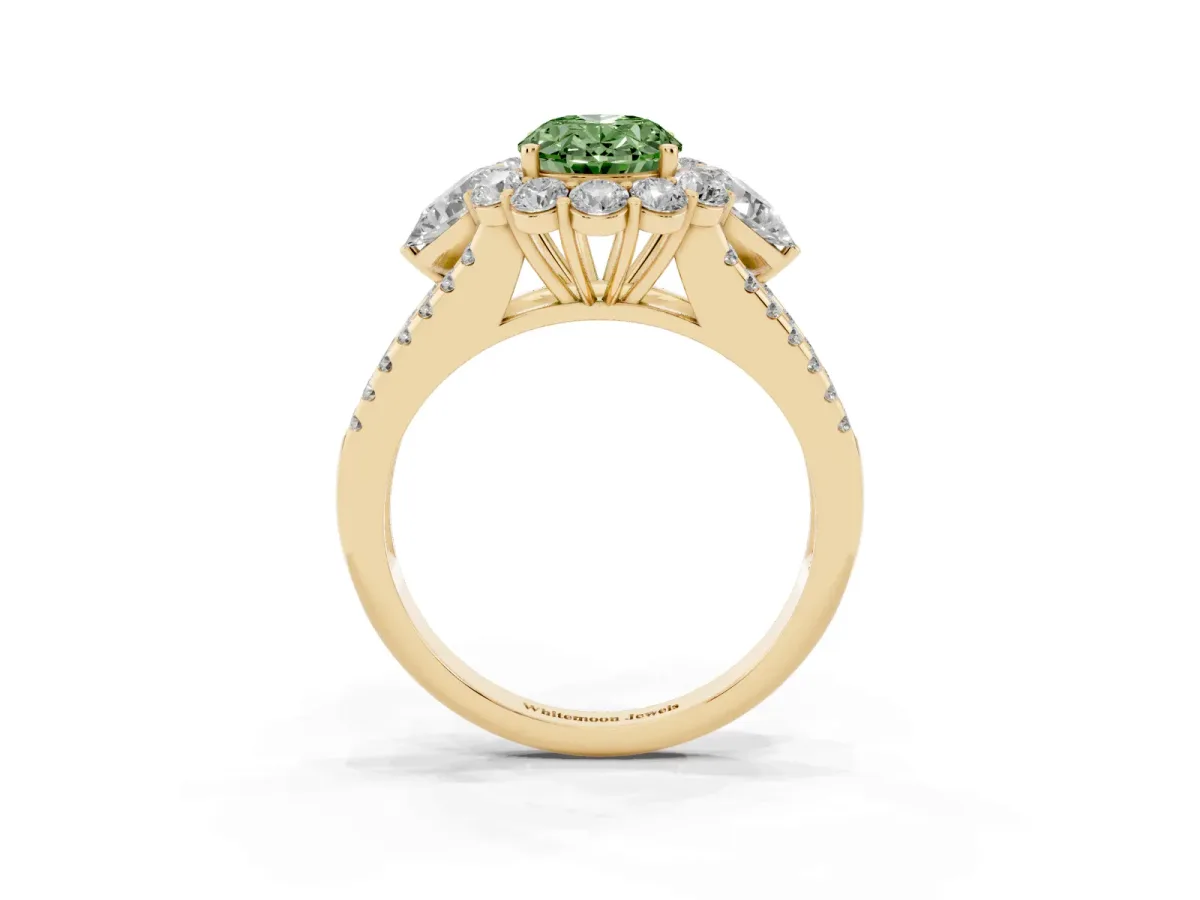 Fancy Green Oval Cut Halo Split Shank Diamond Engagement Ring with Prong Setting Yellow gold