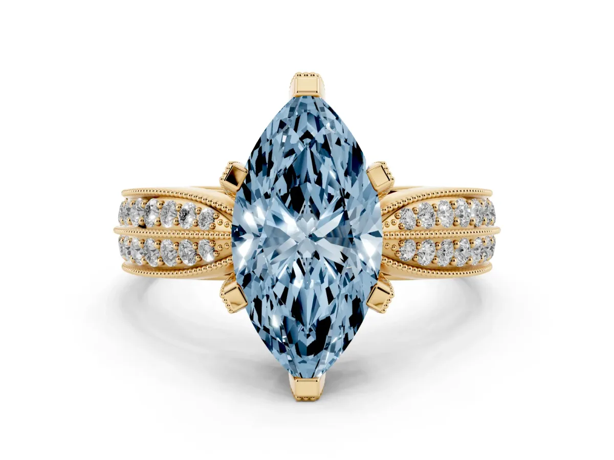 Fancy Blue Marquise Cut Diamond Solitaire Ring with Milgrain Round Pavé Band and Prong Setting Yellow gold