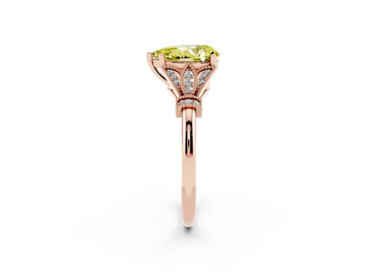 Fancy Yellow Pear Cut Diamond Solitaire Ring with Floral Filigree and Pave Accents Rose gold