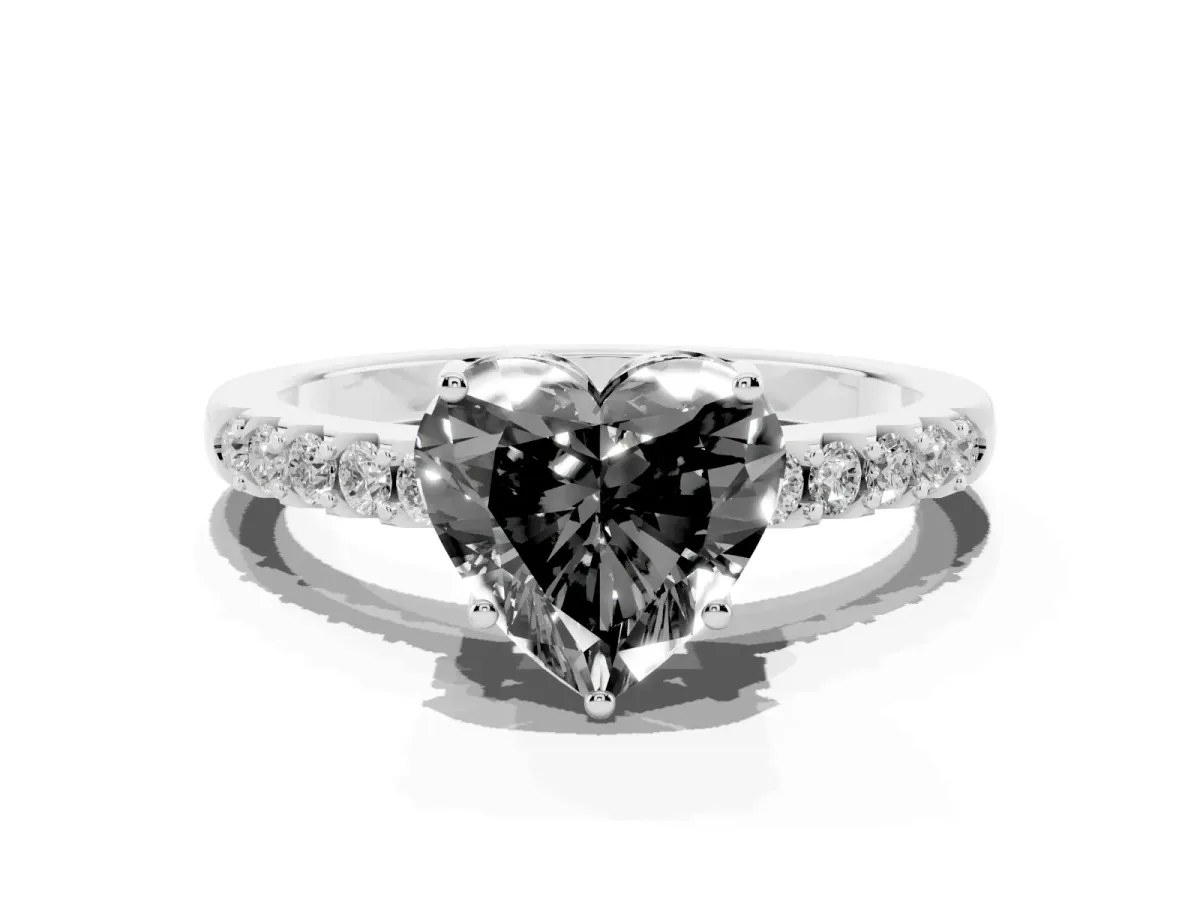Fancy Black Heart Cut Solitaire Diamond Engagement Ring with Pavé Band and Six-Prong Setting Silver