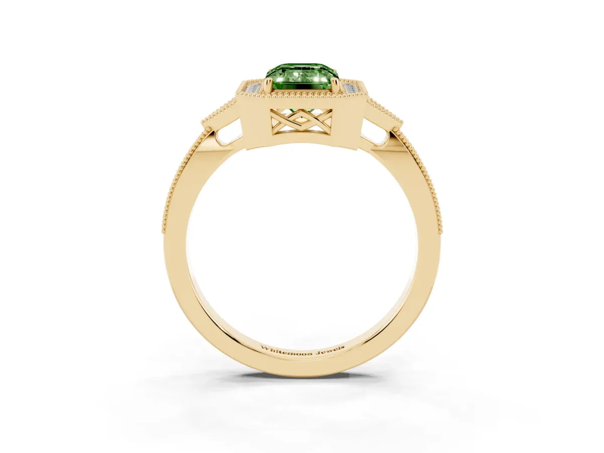 Fancy Green Emerald Cut Halo Round Diamond Milgrain Pave Engagement Ring Yellow gold