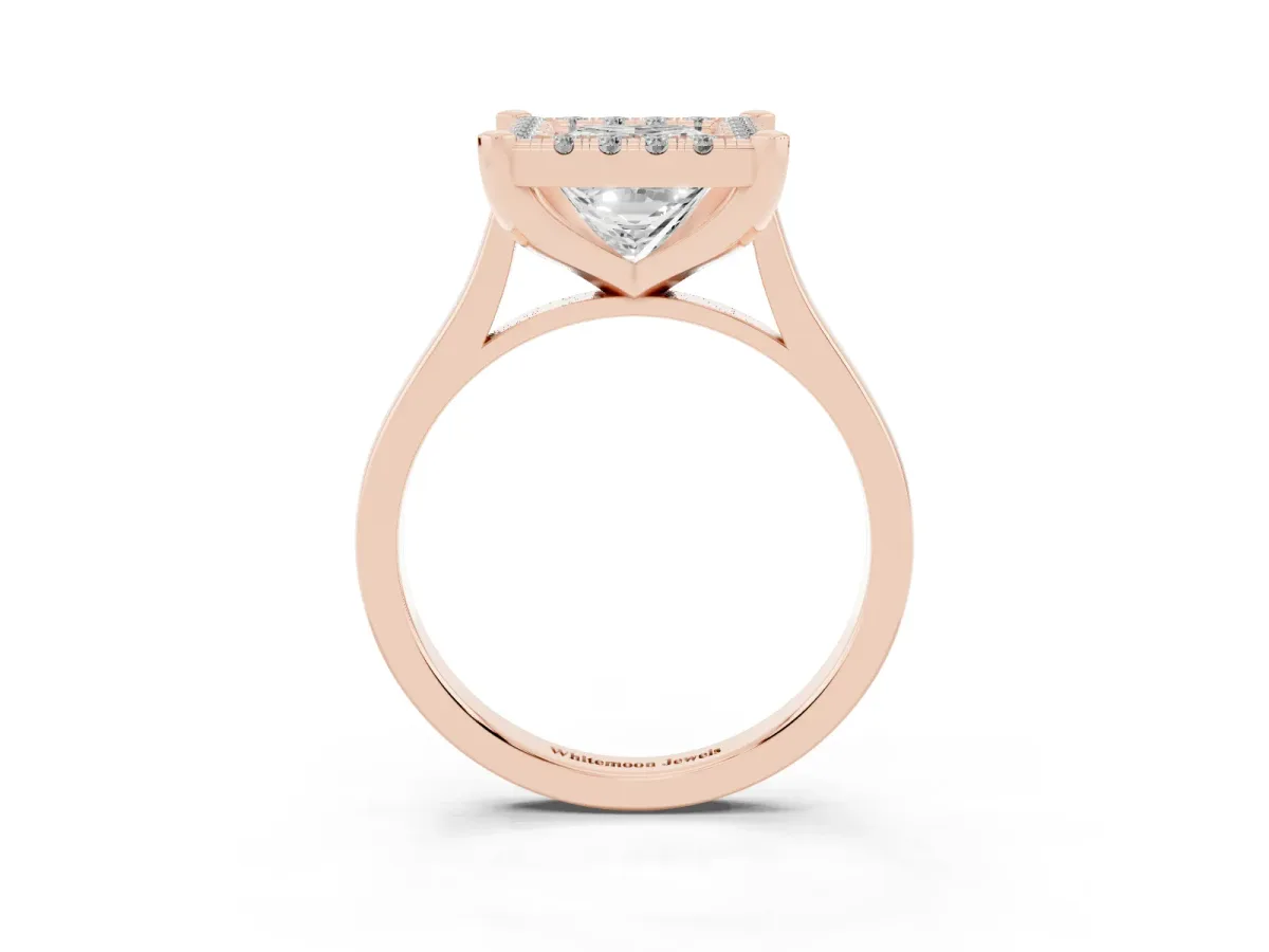 Princess Cut Diamond Cluster Halo Solitaire with Four-Prong Setting Rose gold