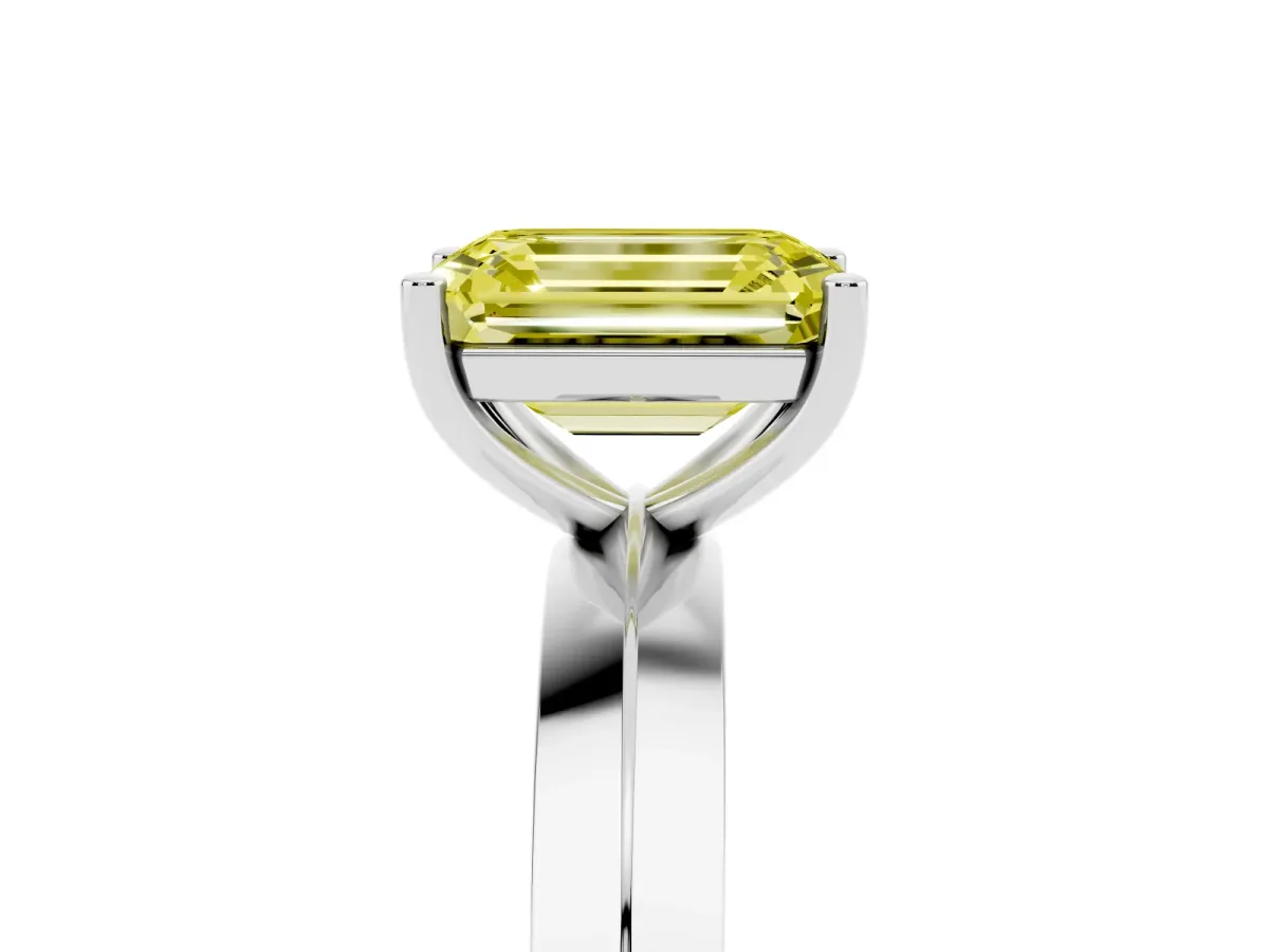 Fancy Yellow Emerald Cut Cut Solitaire Engagement Ring with Flat Band and Four-Prong Setting Silver