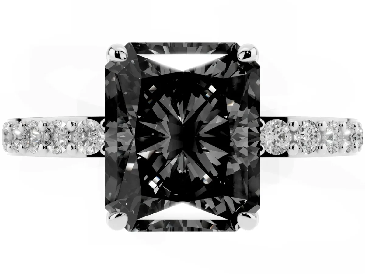 Fancy Black Radiant Cut Diamond Pavé Engagement Ring with Round Accents and Prong Setting Silver