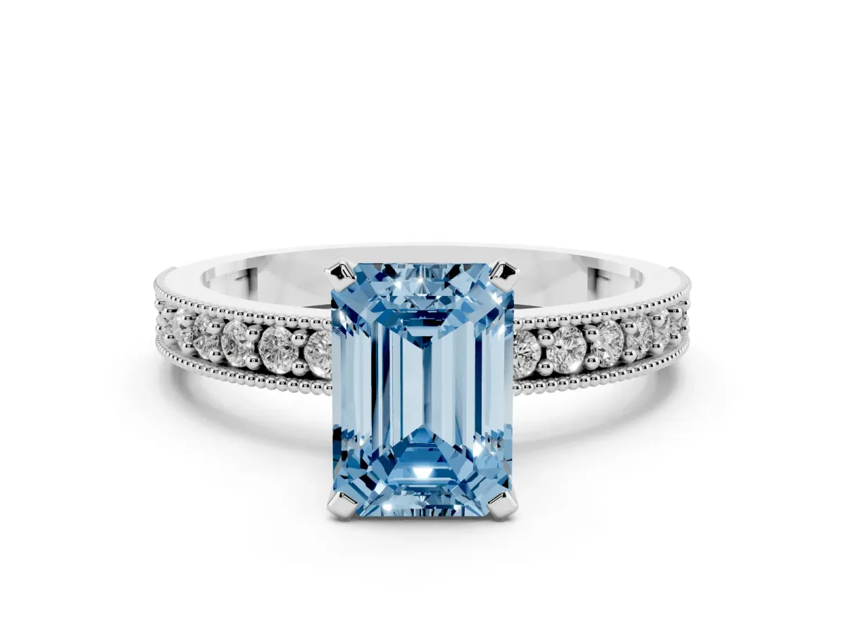 Fancy Blue Emerald Cut Diamond Milgrain Pavé Engagement Ring with Four-Prong Setting Silver