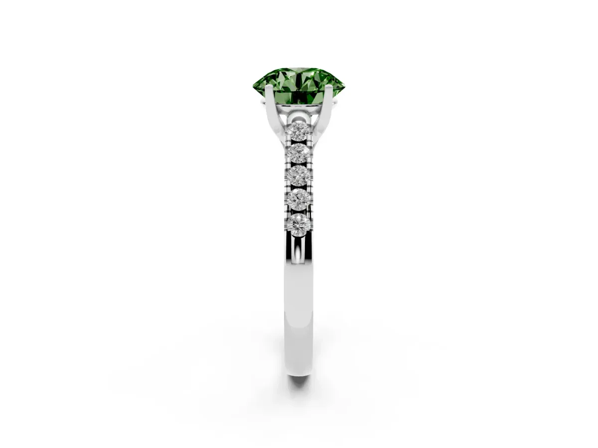 Fancy Green Round Cut Diamond Pavé Band Solitaire Ring with Prong Setting Platinum