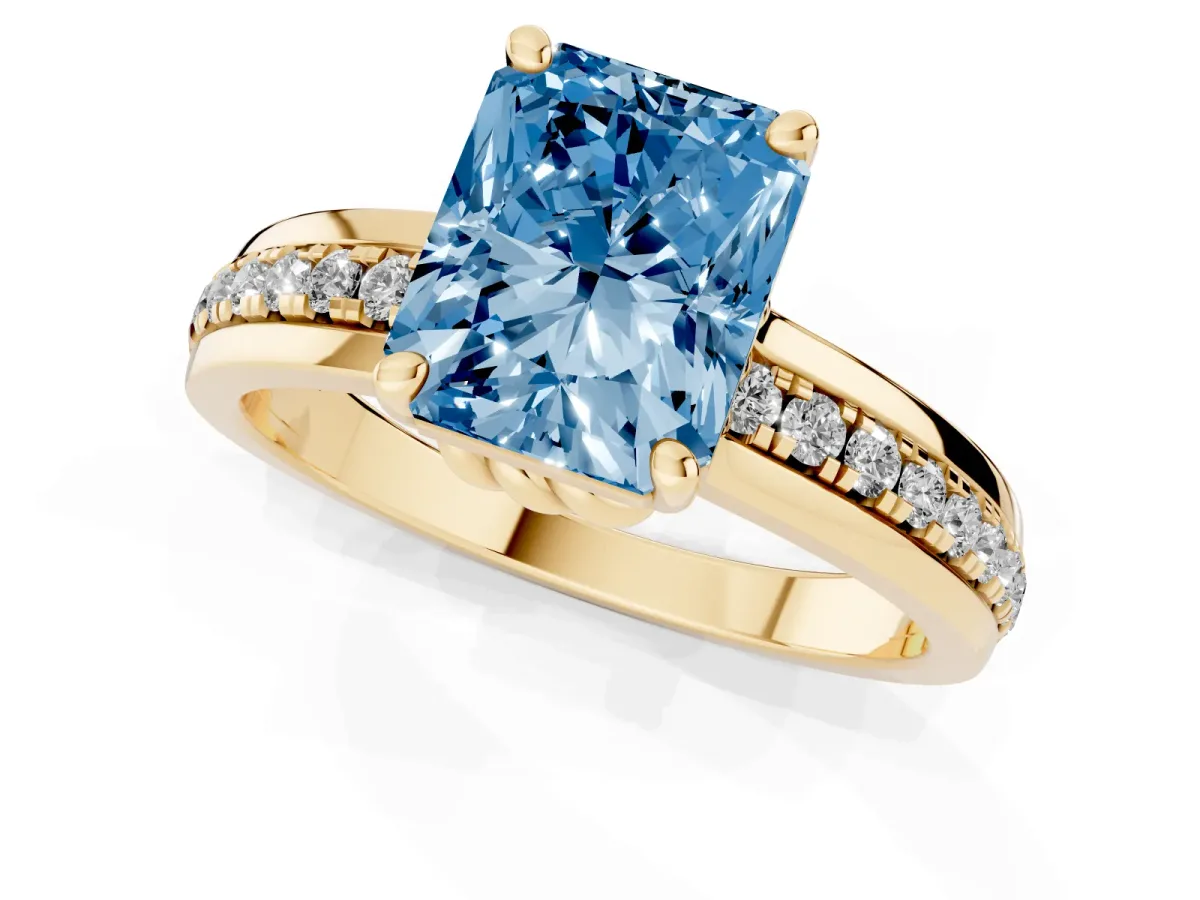 Fancy Blue Radiant Cut Solitaire Diamond Ring with Channel Set Band and Six-Prong Setting Yellow gold