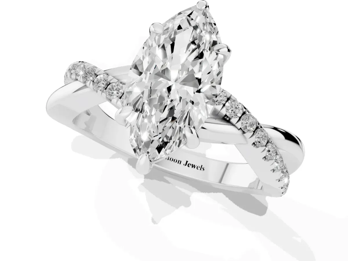Marquise Cut Cut Diamond Twist Band Solitaire with Prong Setting Silver
