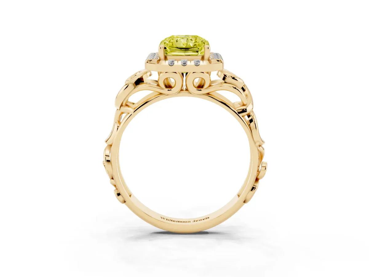 Fancy Yellow Radiant Cut Cut Halo Diamond Ring with Scrollwork Band and Four-Prong Setting Yellow gold