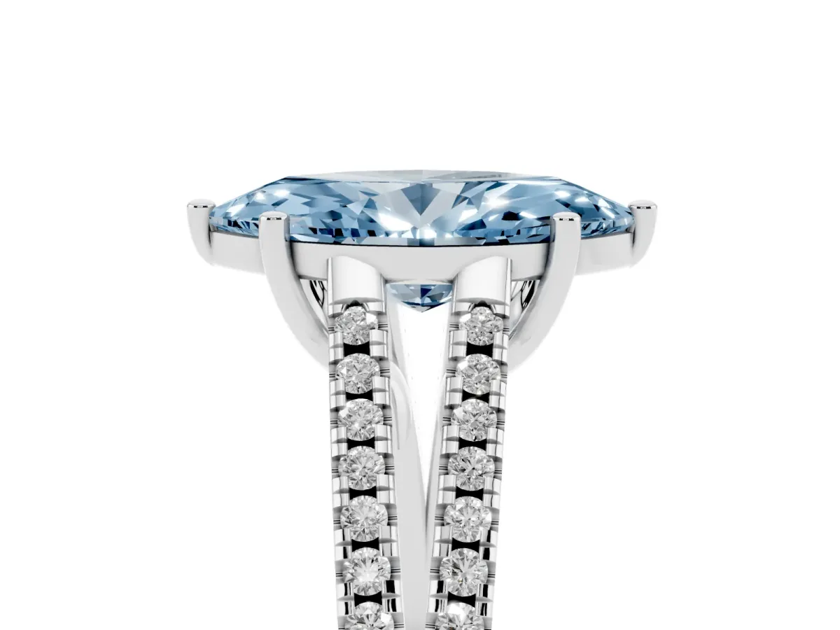 Fancy Blue Marquise Cut Diamond Solitaire Engagement Ring with Split Shank Pavé Band Silver