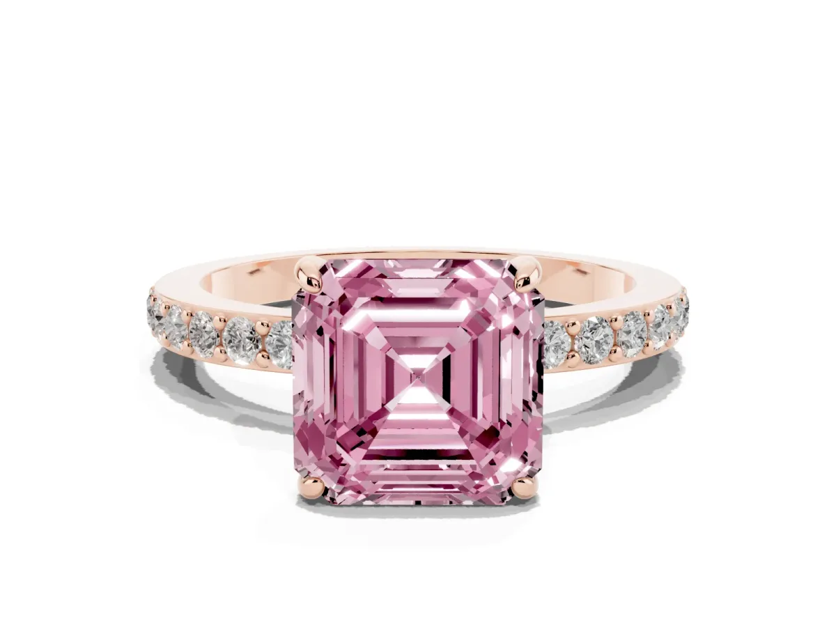 Fancy Pink Asscher Cut Diamond Pavé Engagement Ring with Round Accents and Prong Setting Rose gold