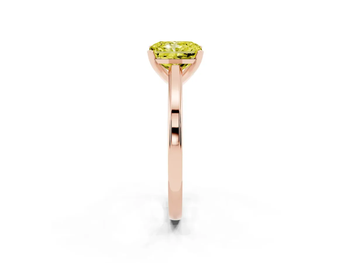Fancy Yellow Radiant Cut Solitaire Diamond Ring with Four-Prong Setting and Classic Band Rose gold