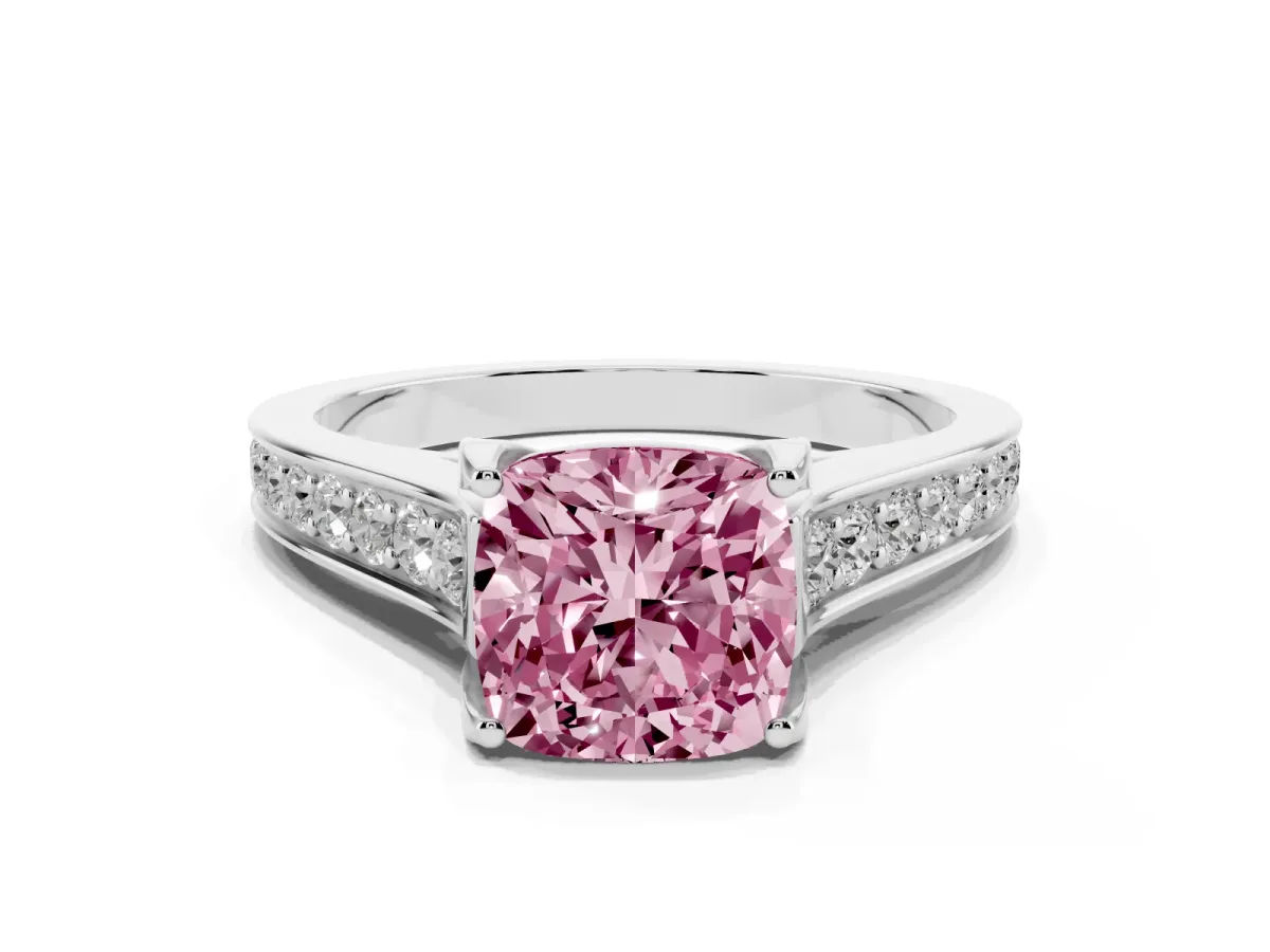 Fancy Pink Cushion Cut Brilliant Cut Diamond Engagement Ring with Pavé Band and Four-Prong Setting Platinum