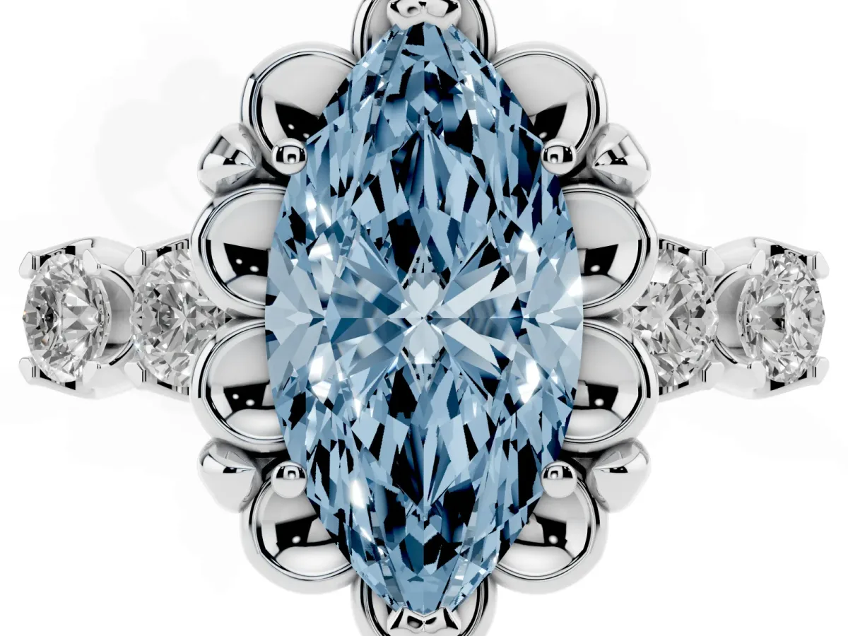 Fancy Blue Marquise Cut Cut Diamond Floral Halo Engagement Ring with Shared Prong Setting Silver