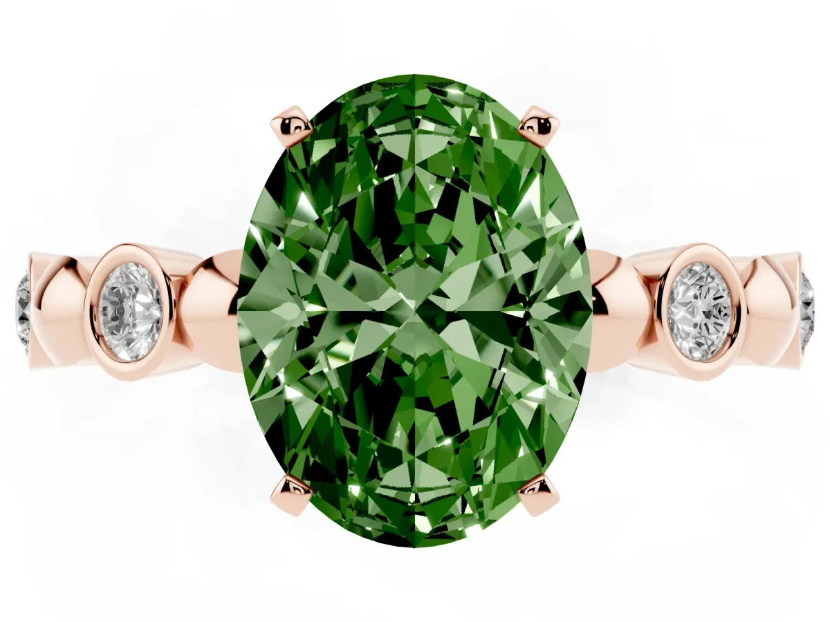 Fancy Green Oval Cut Solitaire Bezel-Set Diamond Ring with Beaded Band and Four-Prong Setting Rose gold