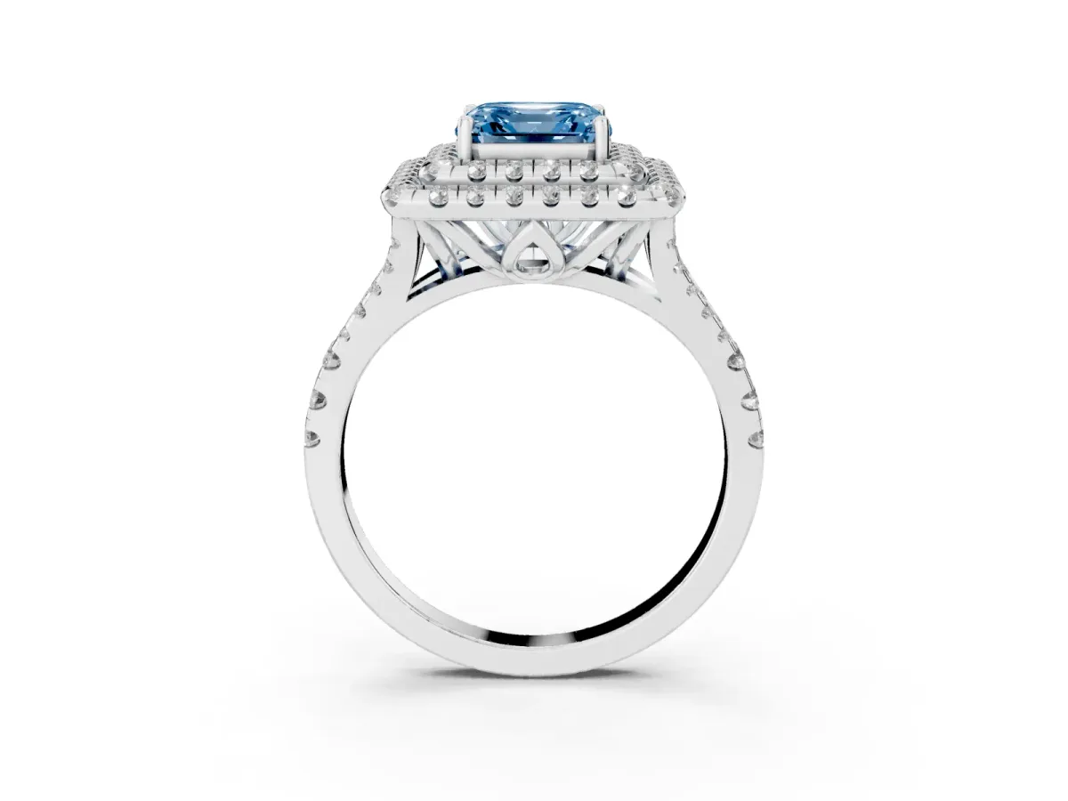 Fancy Blue Double Halo Asscher Cut Diamond Pavé Split Shank Ring with Prong Setting Platinum