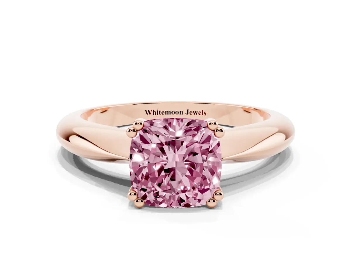 Fancy Pink Cushion Cut Cut Solitaire Engagement Ring with Tapered Band and Four-Prong Setting Rose gold