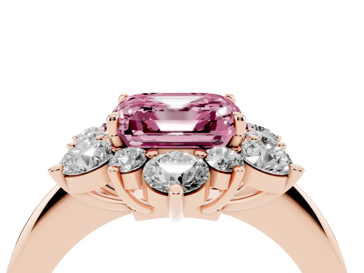 Fancy Pink Asscher Cut Diamond Cluster Halo Ring with Solitaire Band and Four-Prong Setting Rose gold