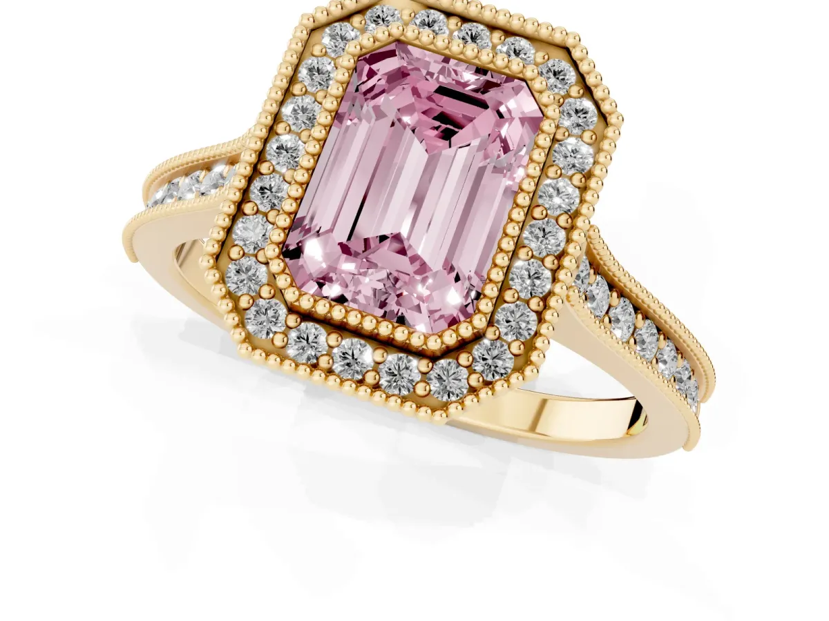 Fancy Pink Halo Emerald Cut-Cut Diamond Pave Band Milgrain Prong Setting Ring Yellow gold