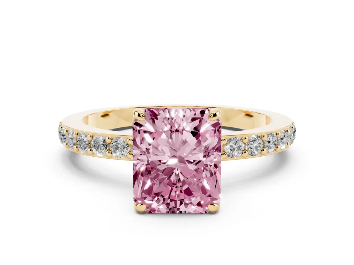 Fancy Pink Radiant Cut Diamond Pavé Engagement Ring with Round Accents and Prong Setting Yellow gold
