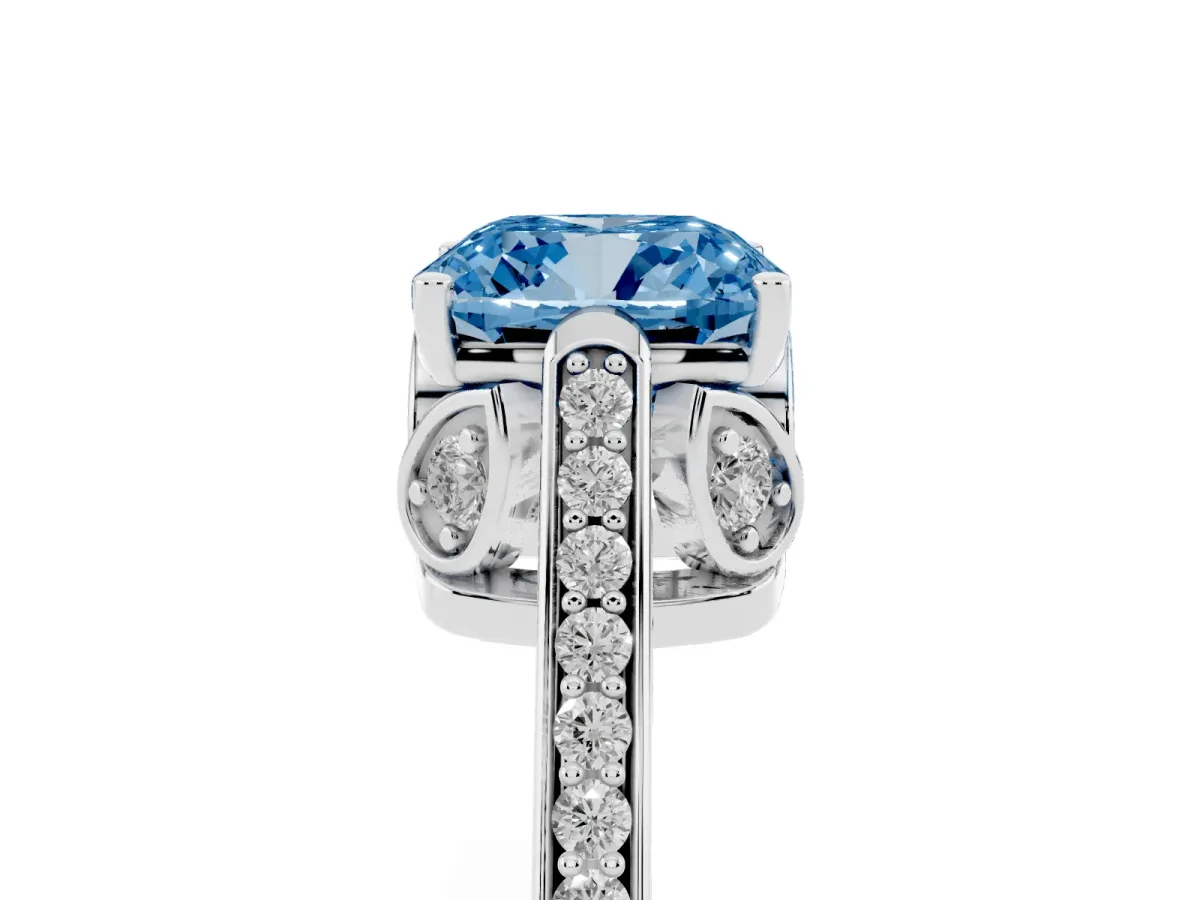 Fancy Blue Cushion Cut Cut Cathedral Pave Diamond Engagement Ring with Six-Prong Setting Silver
