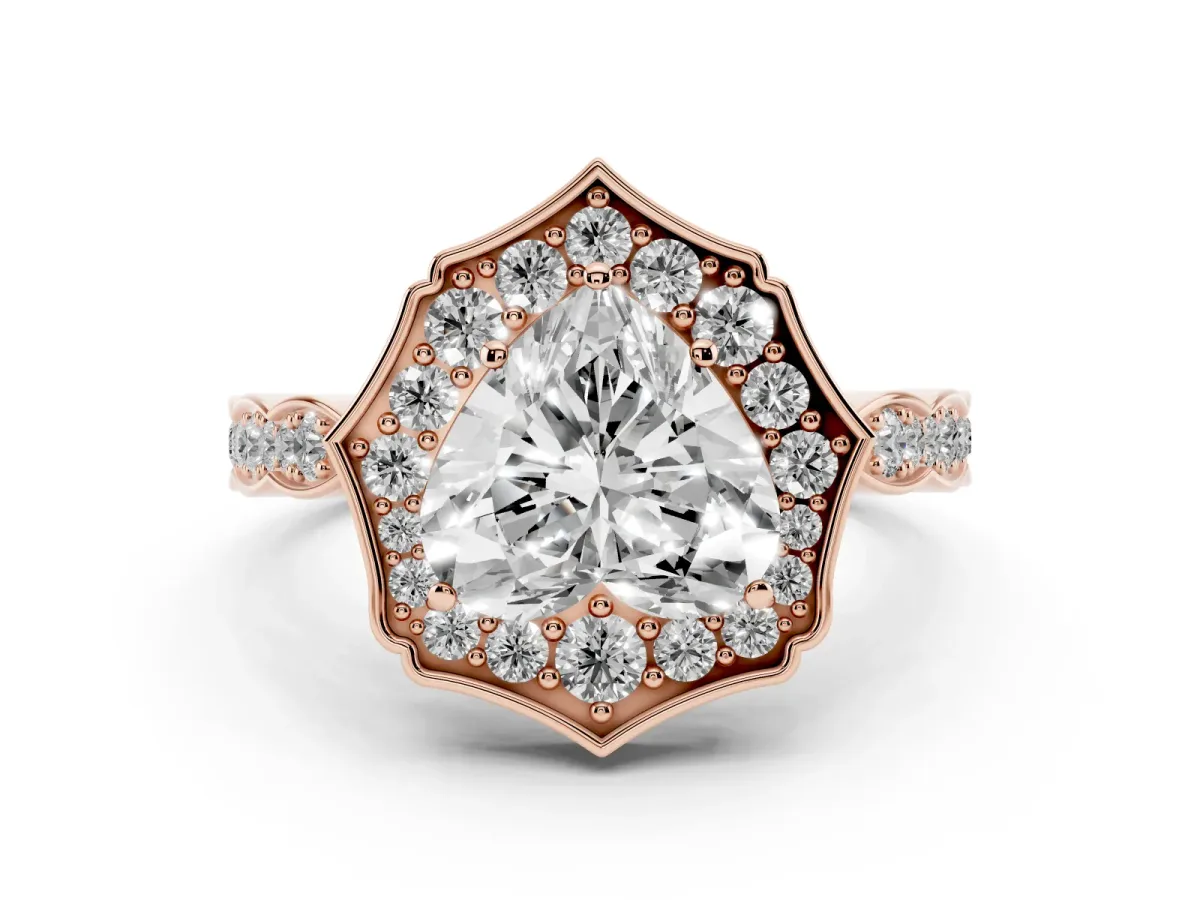 Heart Cut Halo Diamond Engagement Ring with Milgrain Band and Four-Prong Setting Rose gold