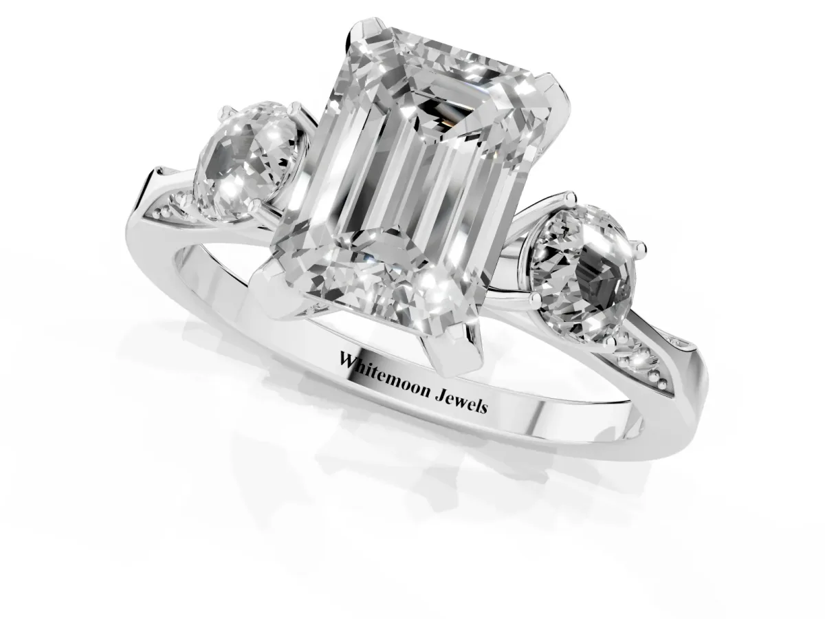 Fancy Green Emerald Cut Brilliant Three-Stone Diamond Ring with Pavé Band and Four-Prong Setting Silver