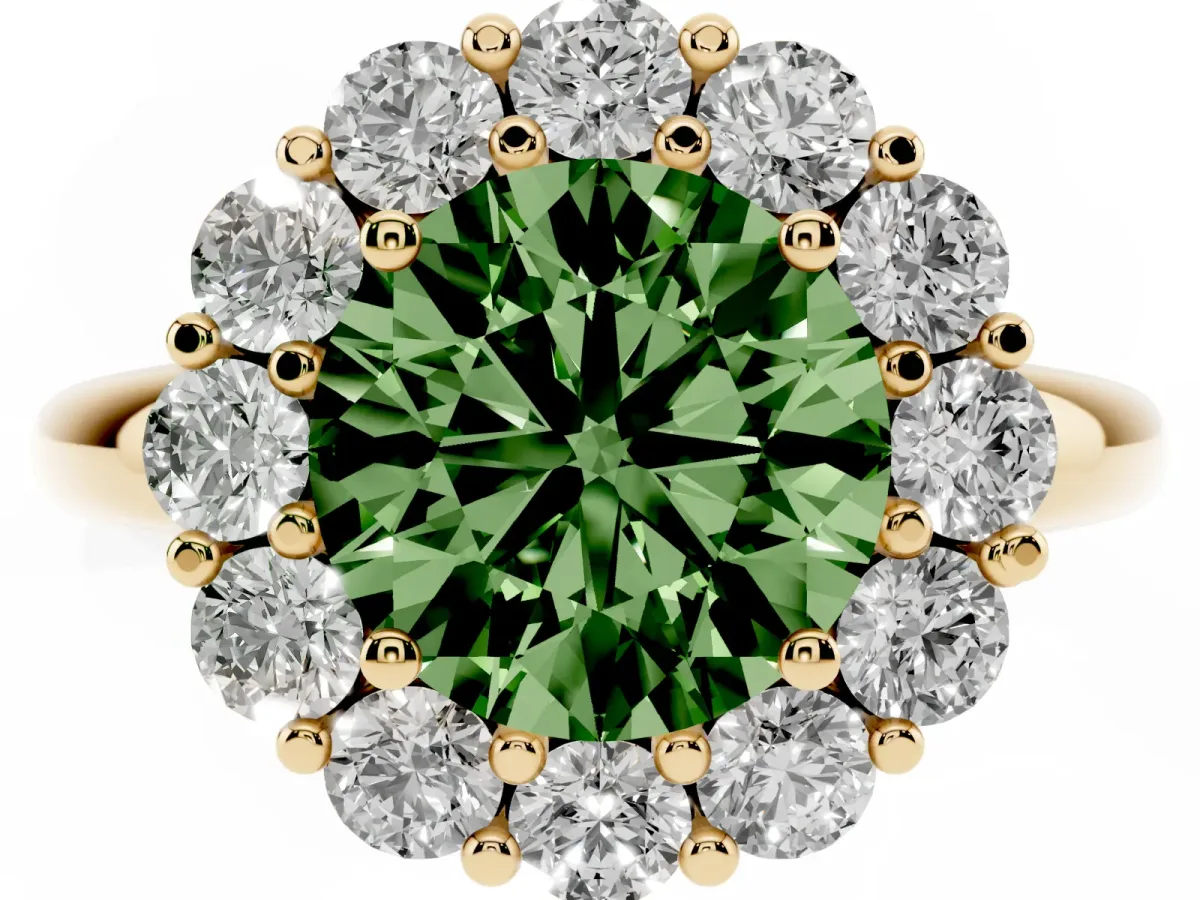 Fancy Green Round Cut Halo Cluster Diamond Engagement Ring with Prong Setting and Polished Band Yellow gold