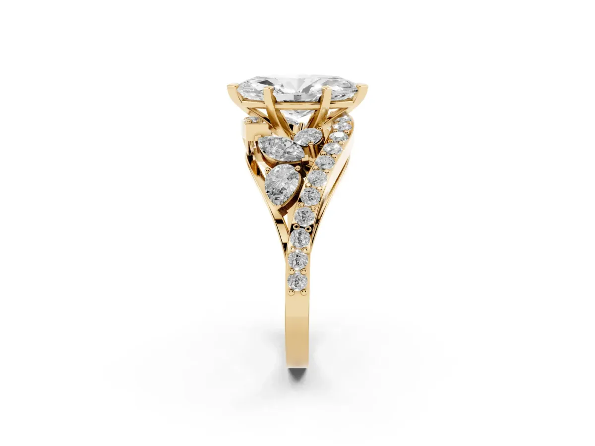 Marquise Cut Diamond Halo Ring with Marquise and Pavé Band in Prong Setting Yellow gold