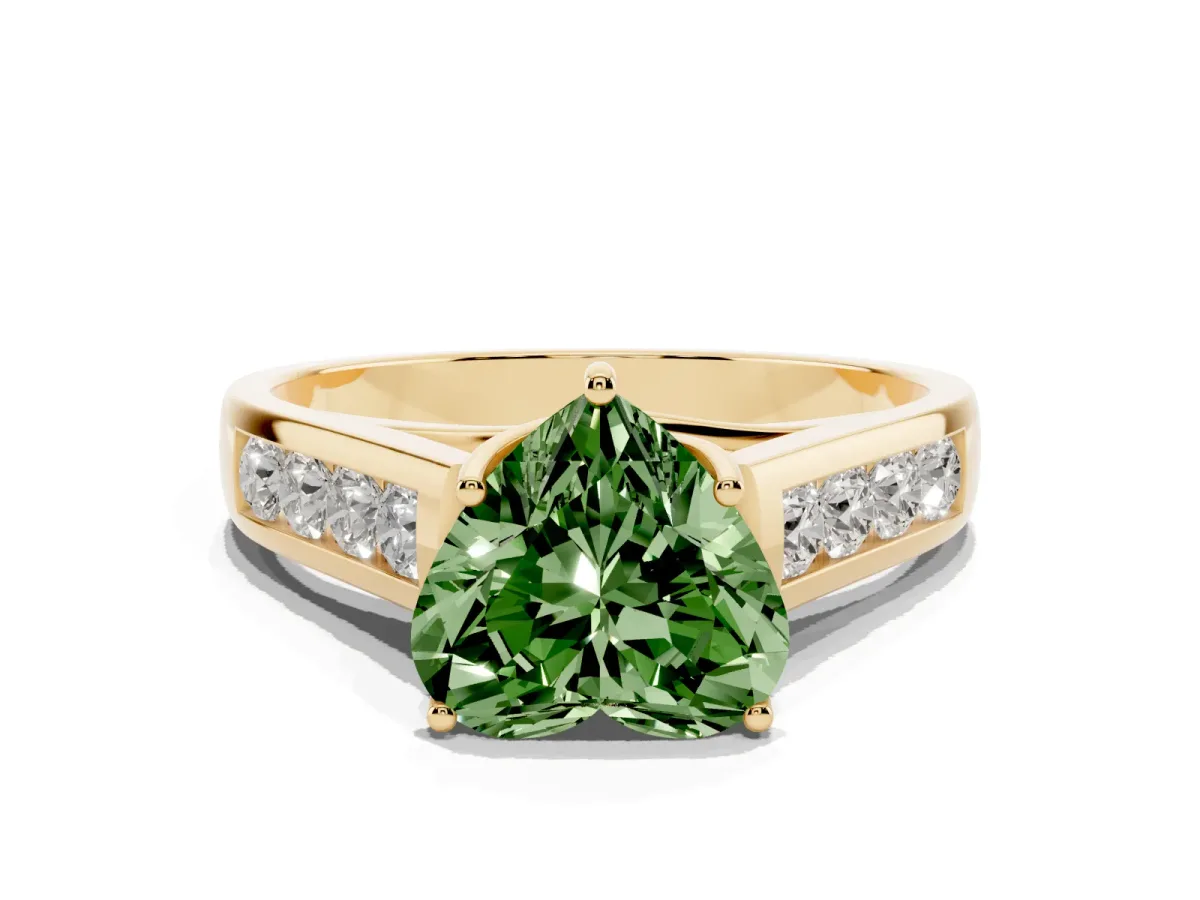 Fancy Green Heart Cut Solitaire Channel-Set Diamond Engagement Ring with Four-Prong Setting Yellow gold