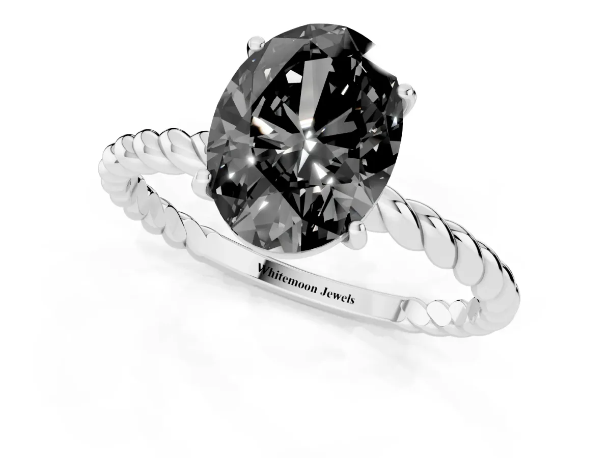 Fancy Black Oval Cut Solitaire Twisted Band 4-Prong Ring Silver