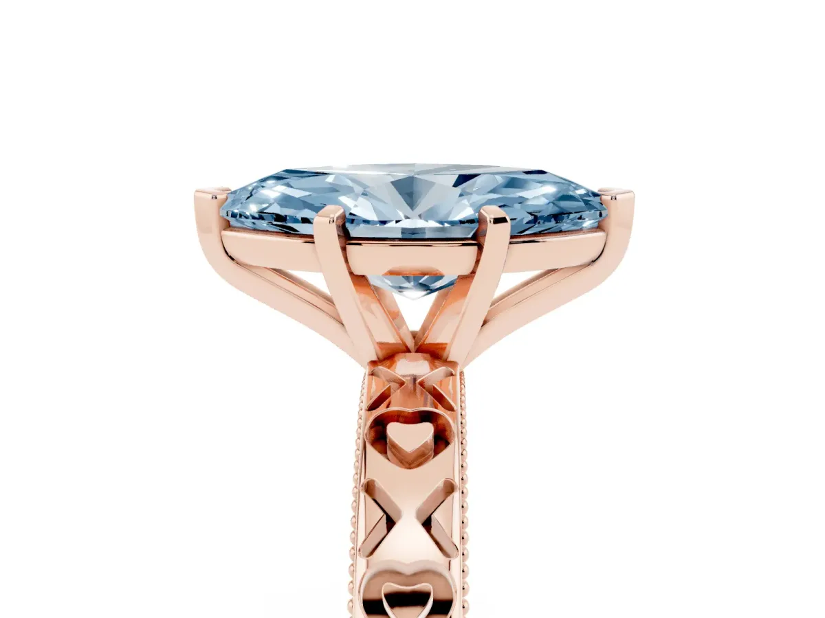 Fancy Blue Marquise Cut Solitaire Diamond Engagement Ring with XO Engraved Band and Four-Prong Setting Rose gold
