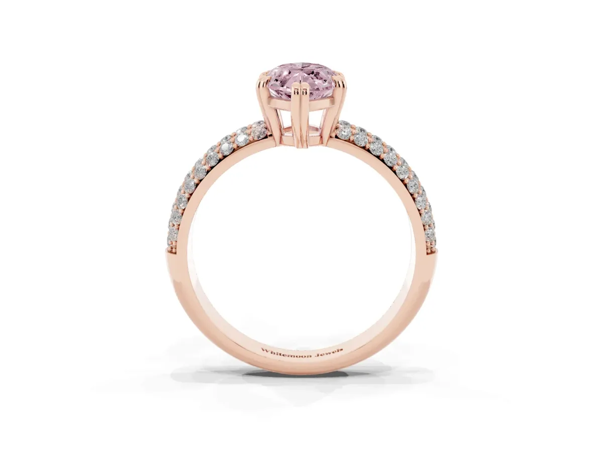 Fancy Pink Marquise Cut Diamond Solitaire Ring with Multi-Row Round Pavé Band and Prong Setting Rose gold