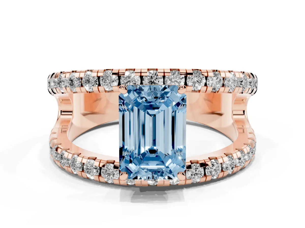 Fancy Blue Emerald Cut Solitaire Split Shank Pave Diamond Ring Rose gold
