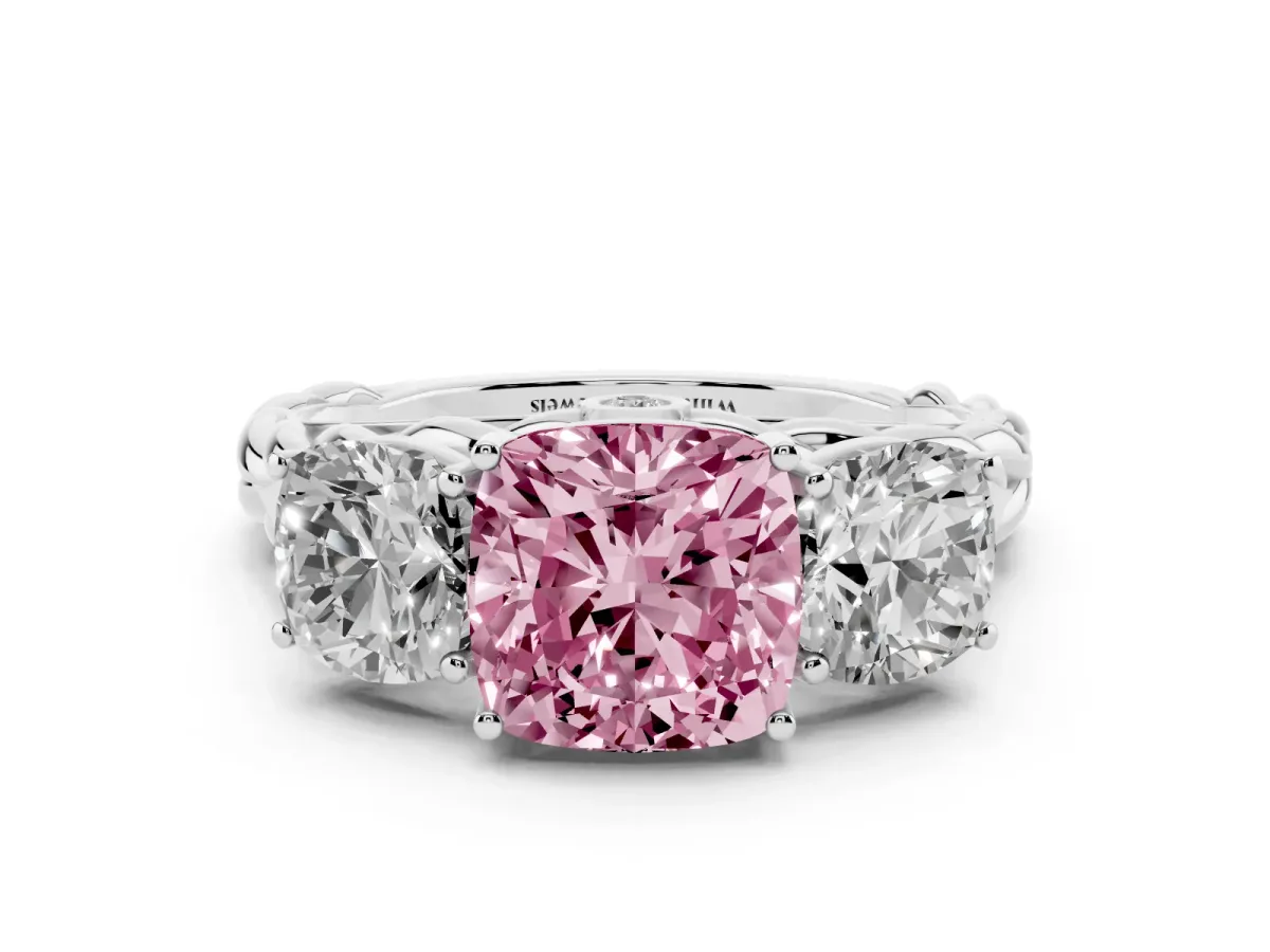 Fancy Pink Three-Stone Cushion Cut Diamond Braided Band Ring with Four-Prong Setting Platinum
