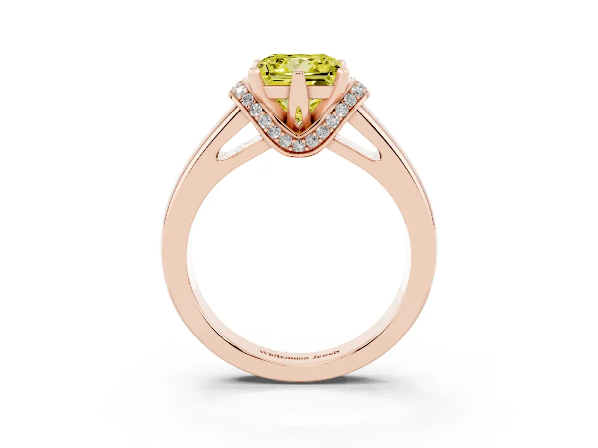 Fancy Yellow Princess Cut Solitaire Diamond Ring with Pave Band and Six-Prong Setting Rose gold