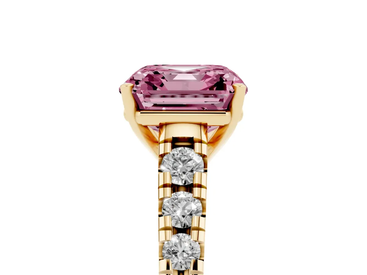 Fancy Pink Asscher Cut Diamond Cathedral Solitaire Ring with Round Pavé Band Yellow gold
