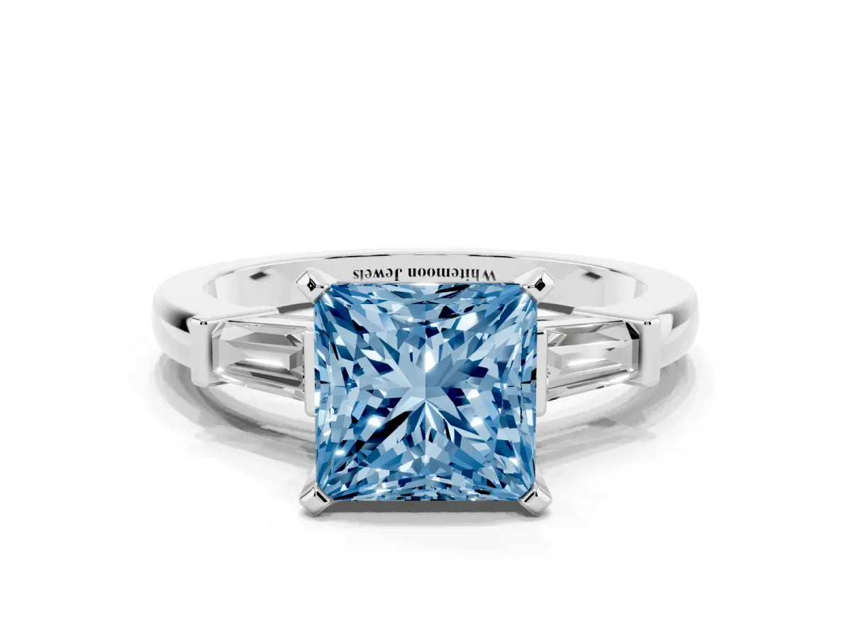 Fancy Blue Princess Cut Cut Diamond Solitaire Ring with Tapered Baguette Accents and Four-Prong Setting Platinum