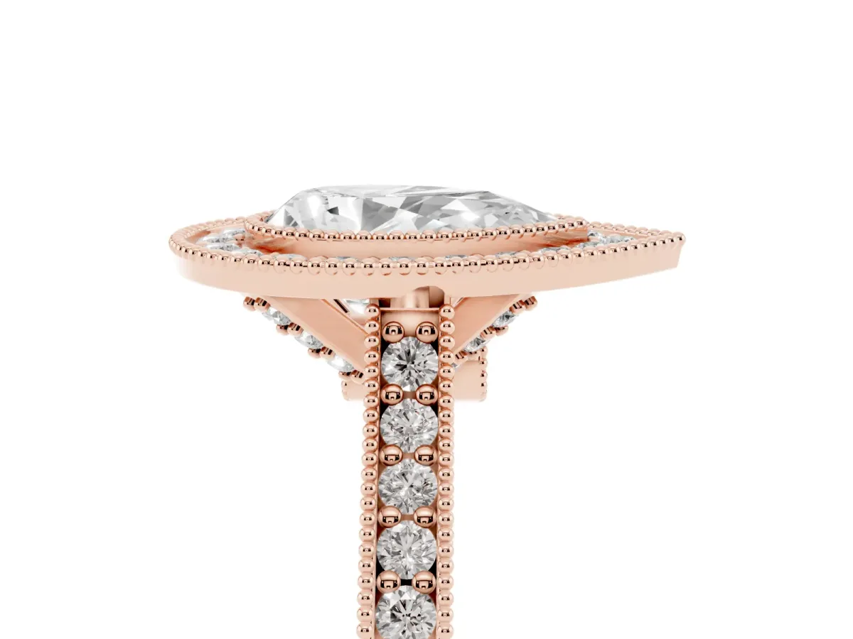Halo Pear Cut-Cut Diamond Pave Band Milgrain Prong Setting Ring Rose gold