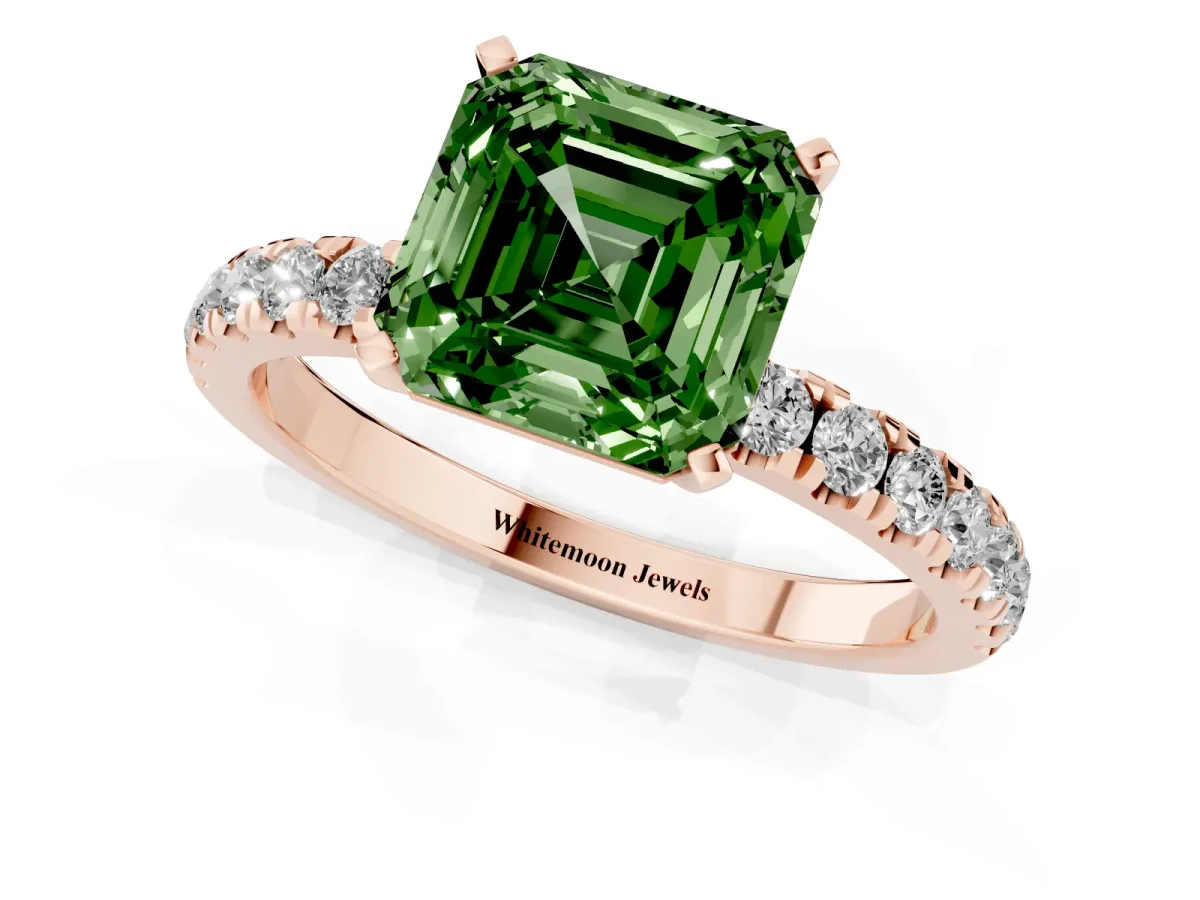 Fancy Green Asscher Cut Diamond Solitaire Ring with Pavé Accents and Four-Prong Setting Rose gold
