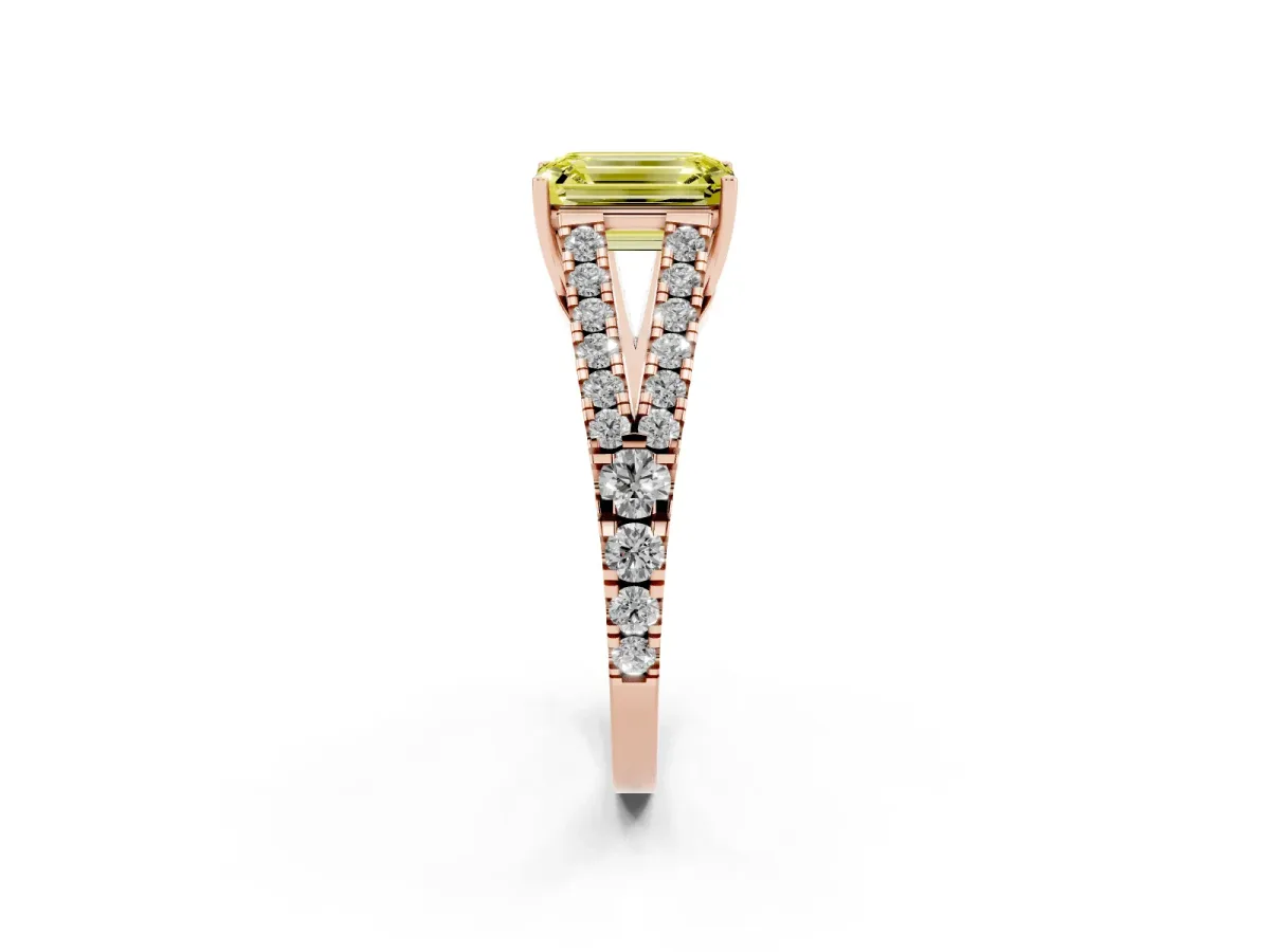 Fancy Yellow Emerald Cut Diamond Split Shank Engagement Ring with Round Pavé and Prong Setting Rose gold