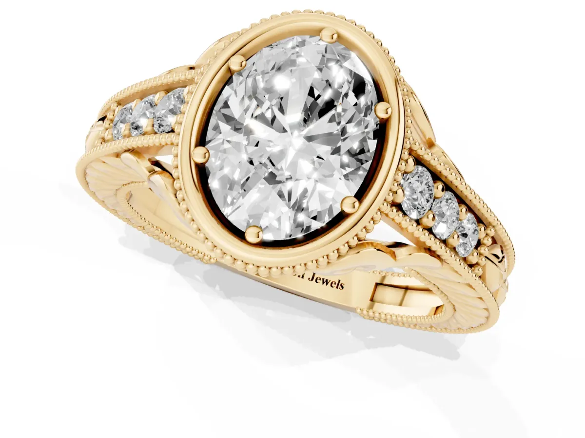 Bezel Set Oval Cut Diamond Milgrain Pave Engagement Ring Yellow gold