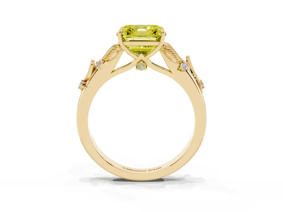 Fancy Yellow Asscher Cut Diamond Solitaire Ring with Leaf Motif Band and Four-Prong Setting Yellow gold