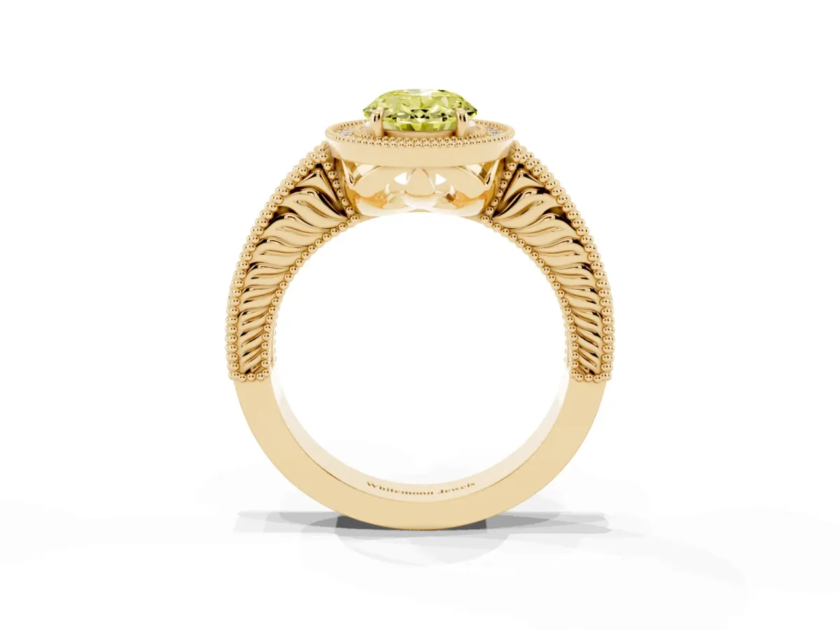 Fancy Yellow Oval Cut Cut Halo Diamond Ring with Pavé Band and Four-Prong Setting Yellow gold