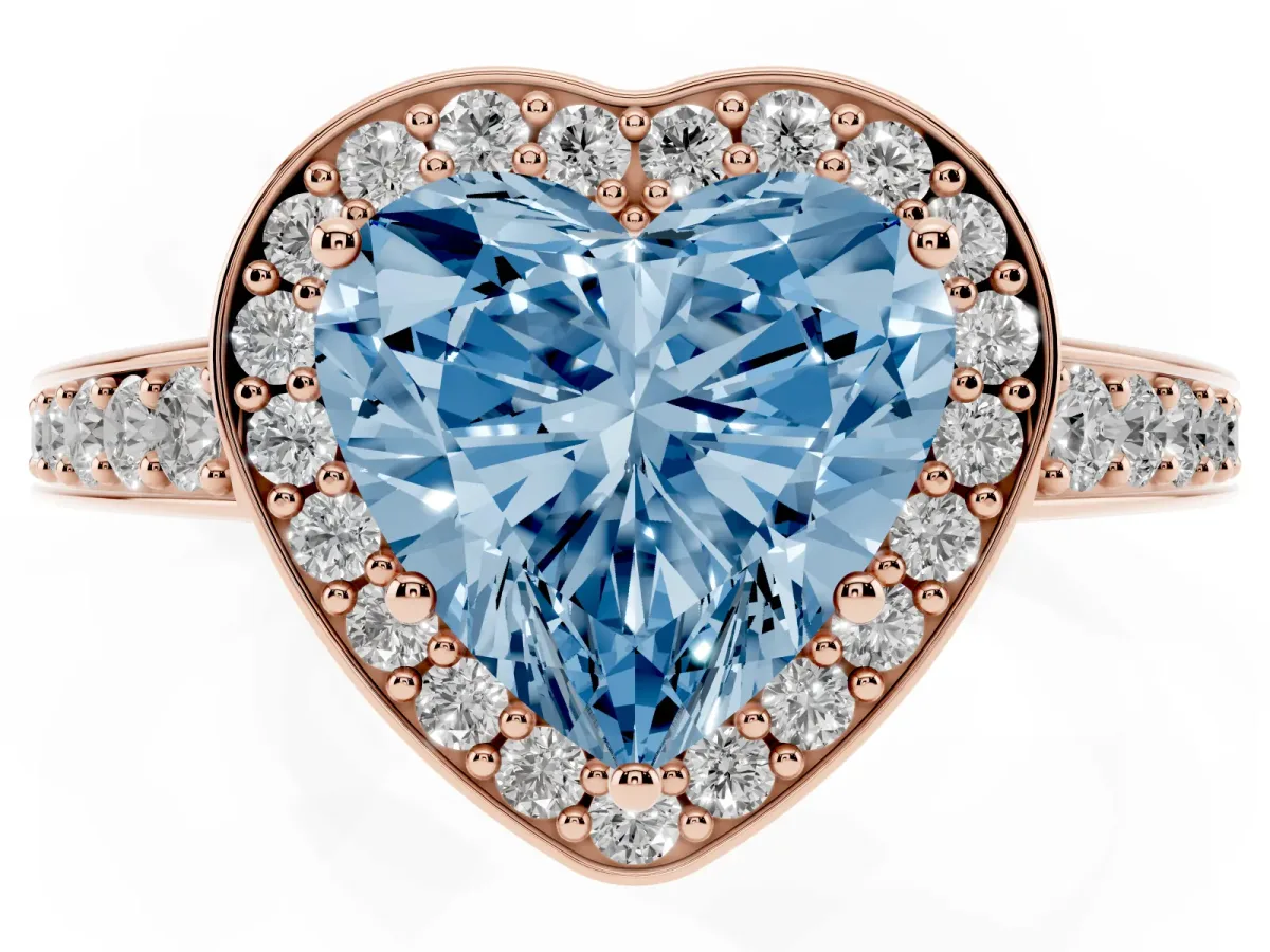 Fancy Blue Heart Cut Halo Pavé Diamond Engagement Ring with Bezel Setting Rose gold