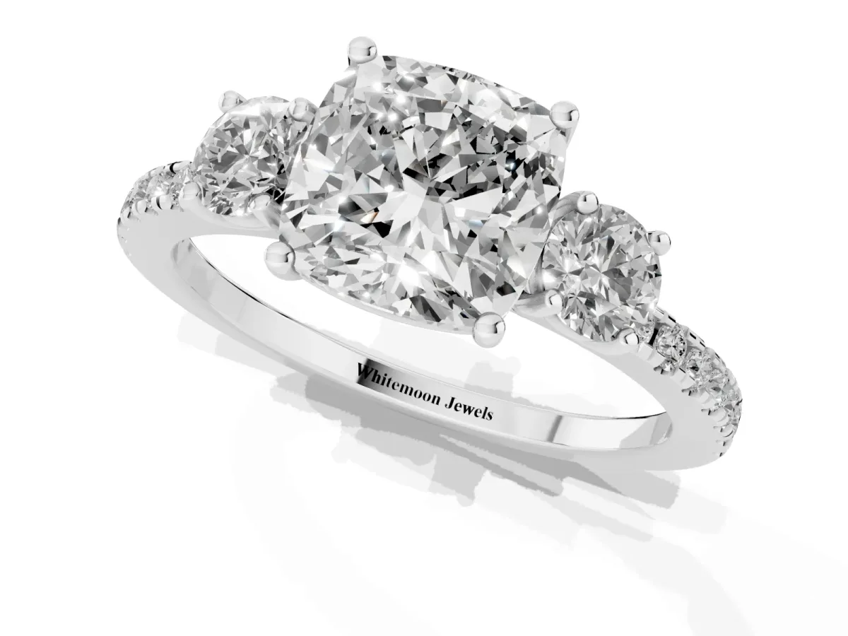 Three-Stone Cushion Cut Cut Diamond Pavé Band with Prong Setting White gold