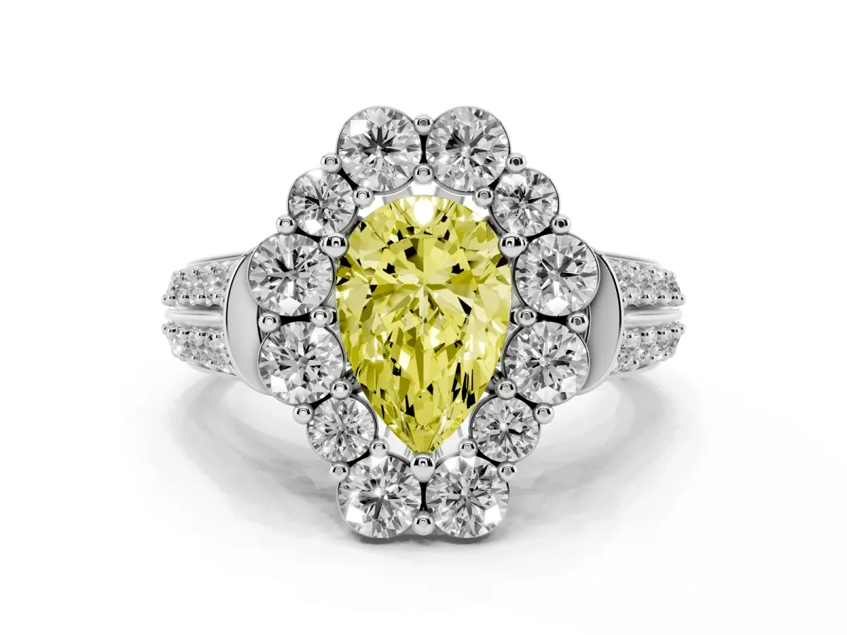 Fancy Yellow Pear Cut Halo Diamond Engagement Ring with Split Shank and Prong Setting Silver
