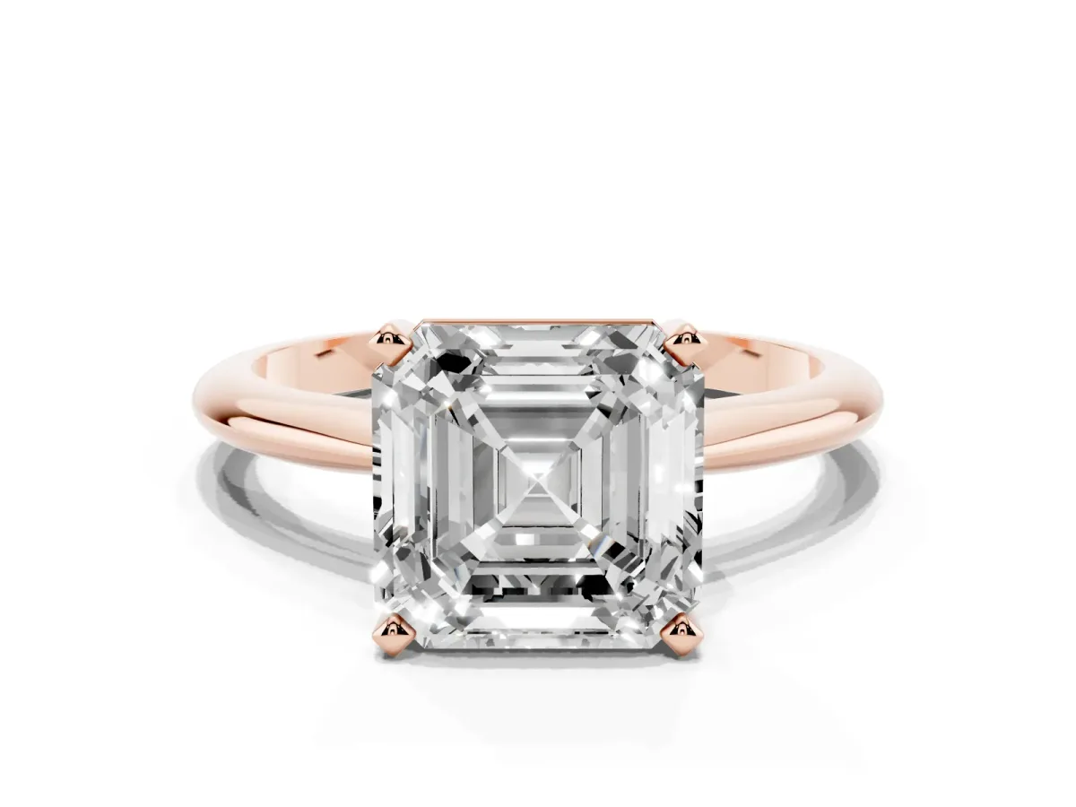 Asscher Cut Cut Solitaire Ring with Four-Prong Setting on a Classic Band Rose gold